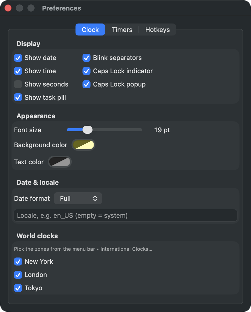 Floating Clock preferences: display options, appearance, date and locale, and world clocks